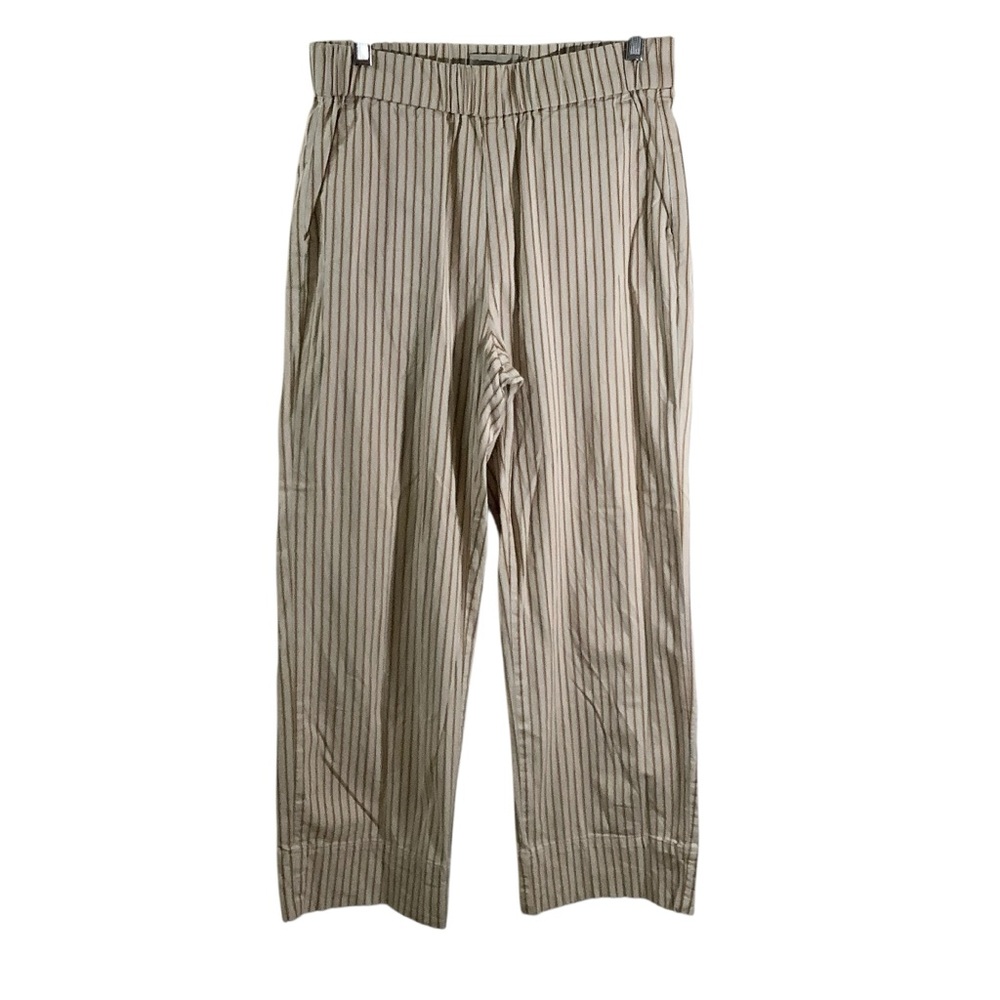 Everlane Wide Leg Pants — Beige with Brown Pinstripes